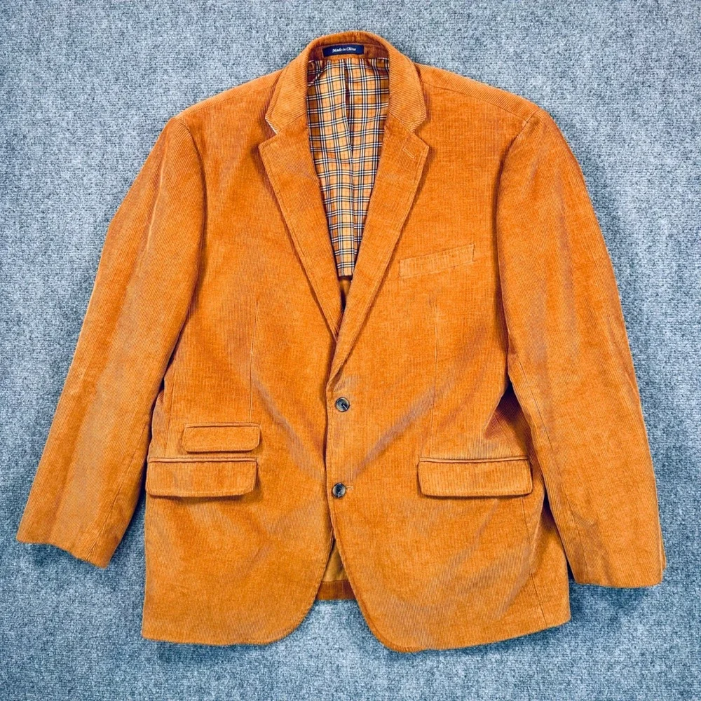 Alan Flusser 48R Burnt Orange Corduroy Blazer Jacket Sport Coat Plaid Lining
